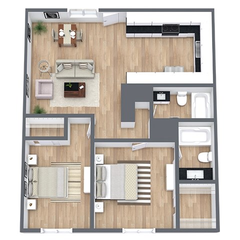 Floor plan for 2 beds, 2 baths, 980 sqft